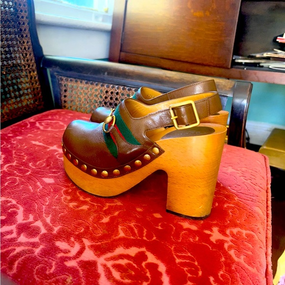 COPY - GUCCI HORSEBIT BROWN LEATHER MULES WITH ANKLE STRAP, GOLD STUDDED DETAIL - Picture 4 of 10